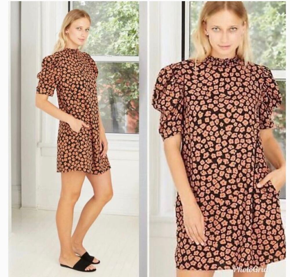 Who What Wear Mockneck Smocked Puff Sleeves Linen Blend Floral Print Dress Sz S